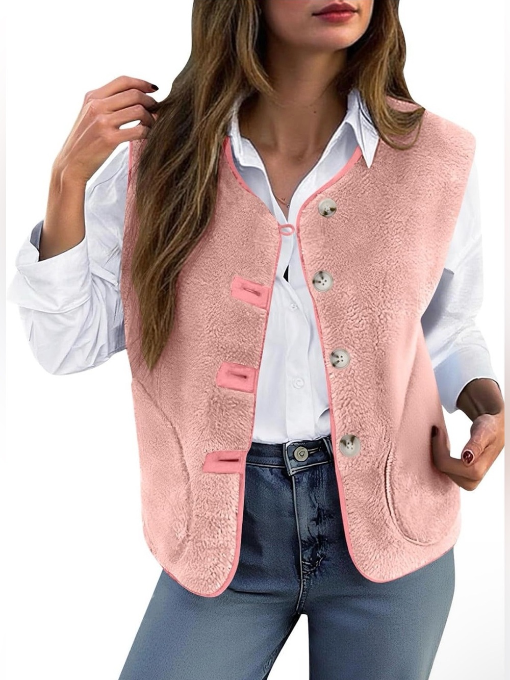 Women’s Plush Button-Up Vest - Pink
